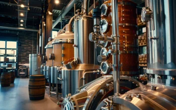 closeup-view-interior-distillery-showcasing-gleaming-copper-stills-stainless-steel-vessels-suggesting-modern-approach-crafting-spirits closeup-view-interior-distillery-showcasing-gleaming-copper-stills-stainless-steel-vessels-suggesting-modern-approach-crafting-spirits